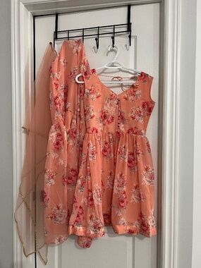 Cotton Gharara Punjabi suit with net dupatta - summer wear peach floral